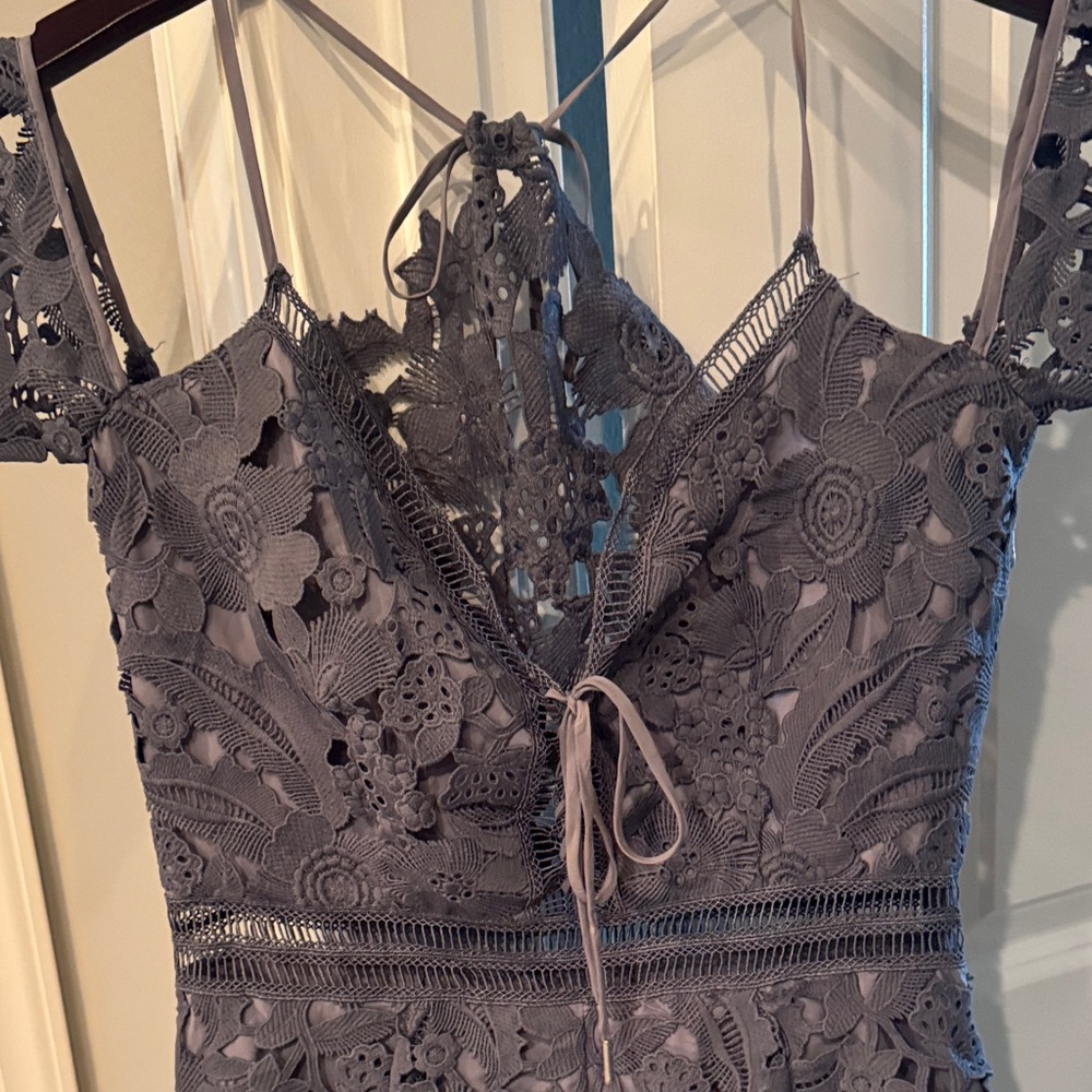 Saylor Mandy Blue Lace Off-Shoulder Romper - Picture 4 of 9